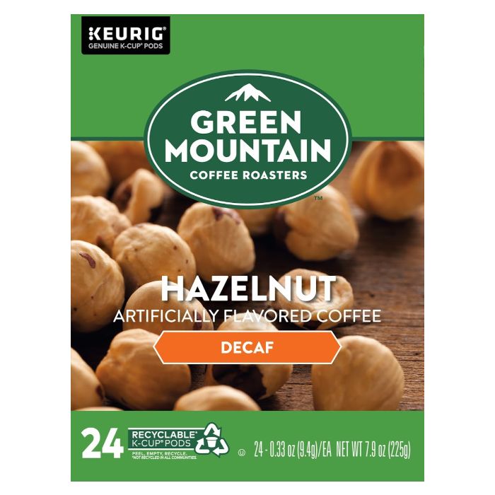 green mountain hazelnut decaf k cup 24 count box front