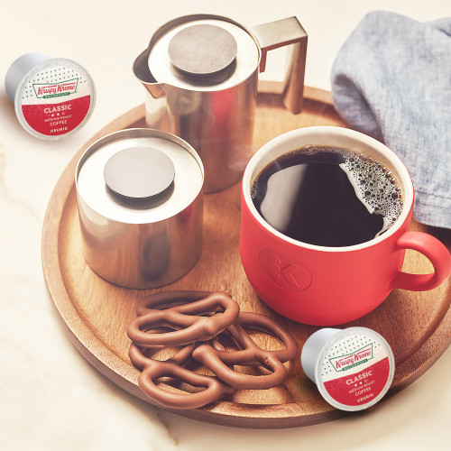 krispy kreme kcup coffee in mugs with pretzels